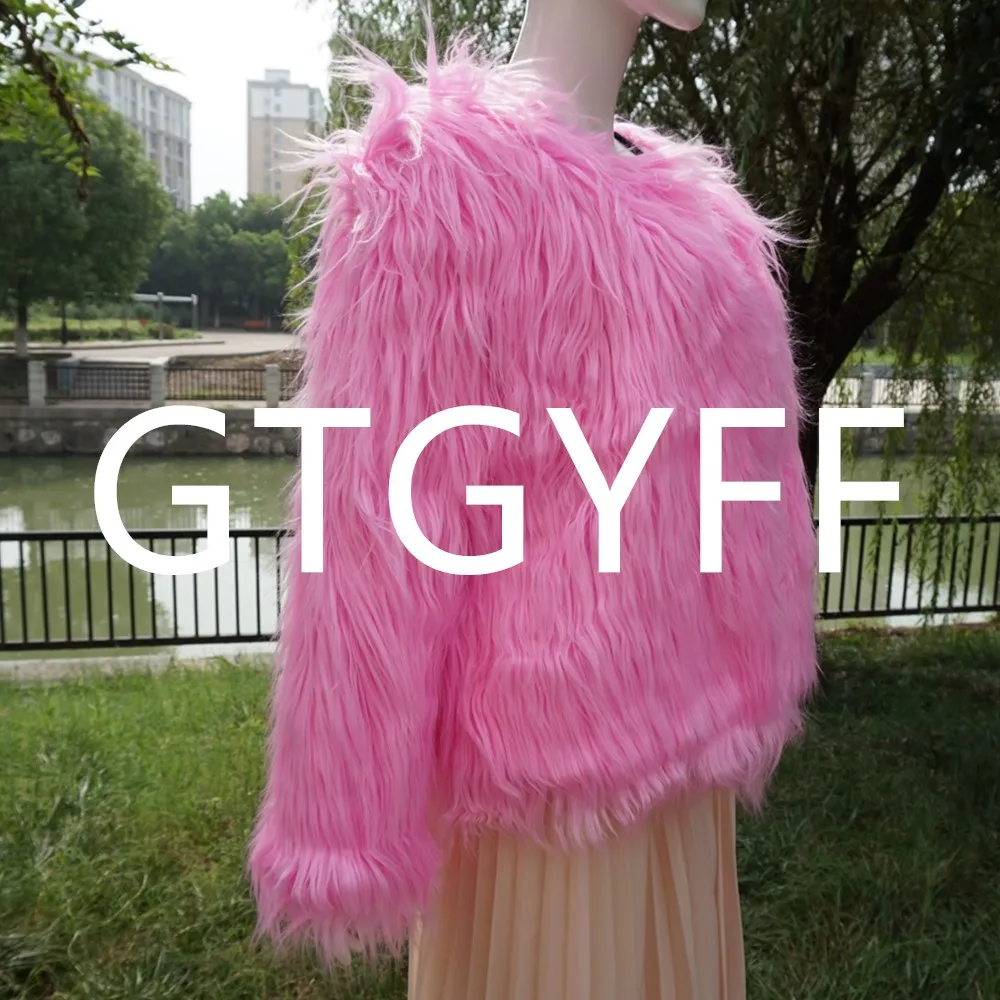 GTGYFF розовый длинный рукав ворсистый, пушистый искусственный мех куртка пальто для женщин зимние женские Куртки из искусственной кожи пальто Верхняя одежда Топы