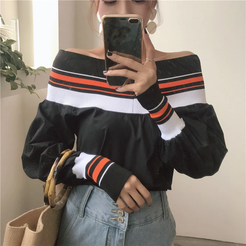 Hzirip Для женщин открытыми плечами полосатый Топы корректирующие Модная рубашка