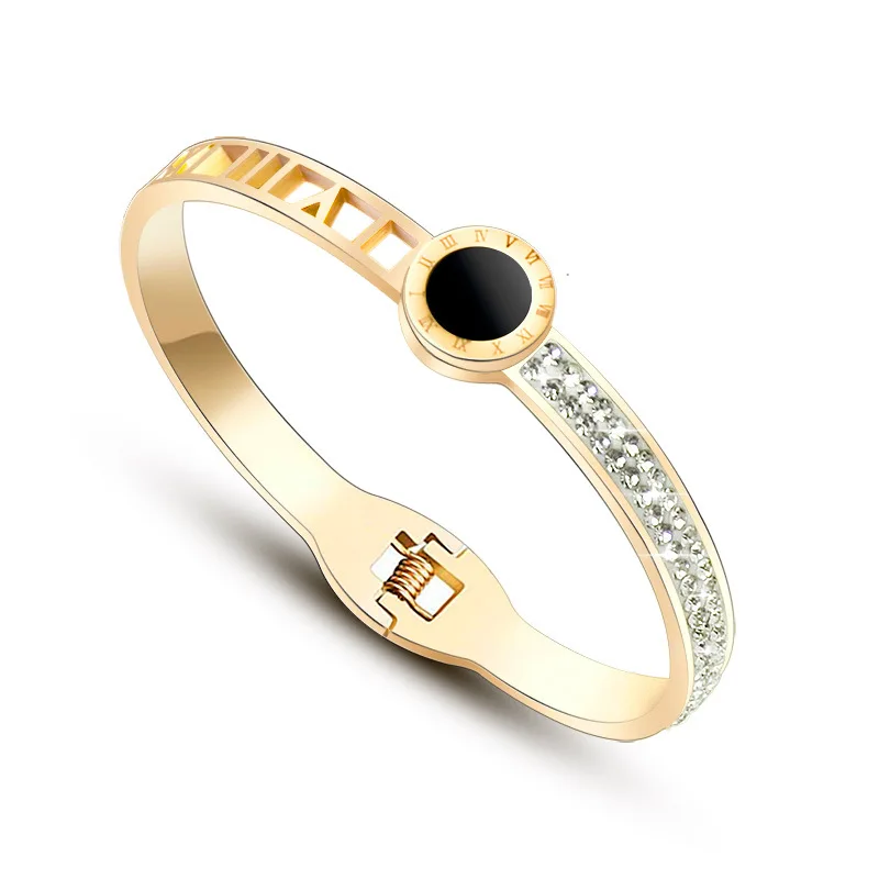 

Hot Sale Black Round Hollow Roman Numerals Rhinestone CZ Rose Gold Color / Gold Color / Silver Color Stainless Steel Bangle