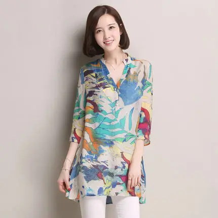 2015summer Women chiffon shirt plus size Stand Collar Button flower Print chiffon Blouse&Shirt lady fashion half Sleeve blouse