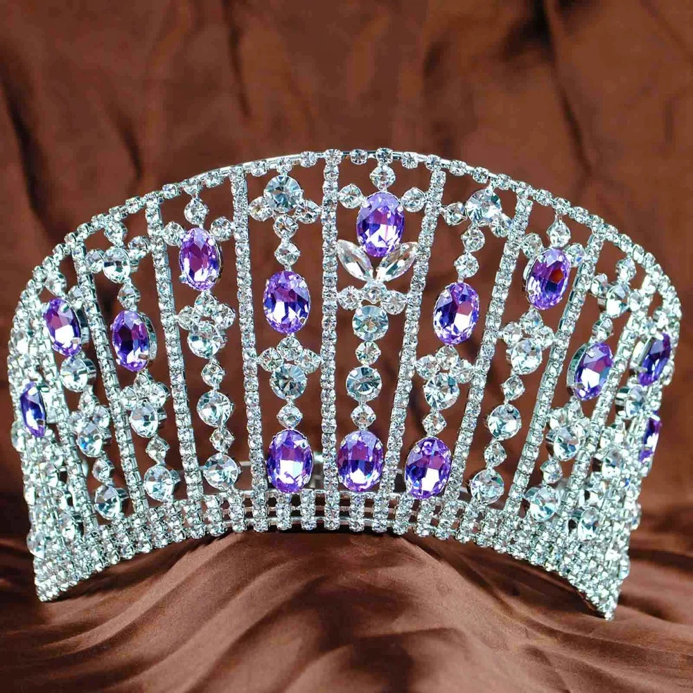 

New Women Tiara Diadem Handmade Brides Crown Purple Clear Crystal Rhinestones Bridal Wedding Headband Prom Party High Quality