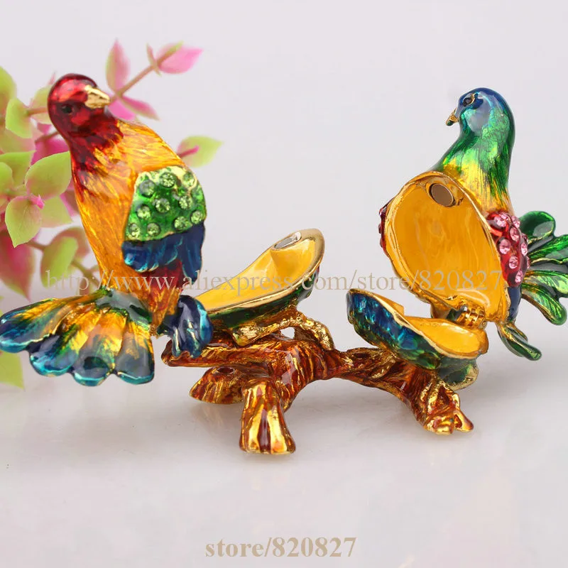 Pewter Bird Figurine Home Zoo Decoration Collect Crystal Birds Souvenir Magnet Trinket Box Bird Miniature Keepsake, Jewelry Box