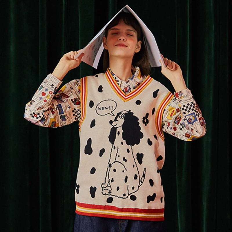 

Spring New Design Letters Cartoon Dog Women Winter Sweaters Sleeveless Femme thick Knit Vest Pullover V Neck Loose