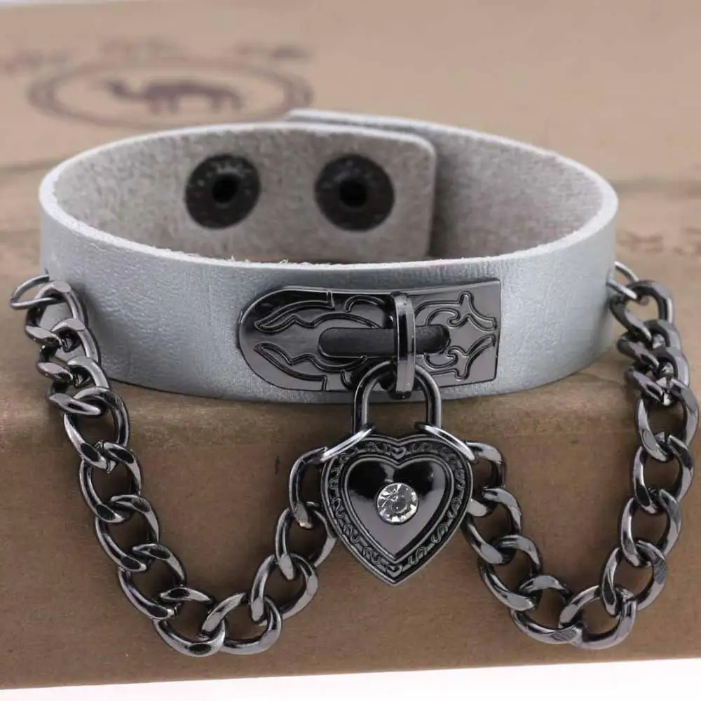 Silver Панк готика Стразы Сердце шипы цепи кожаные манжетные браслеты Pulseira Masculina ювелирные изделия Шарм Bileklik Pulseiras - Окраска металла: Silver