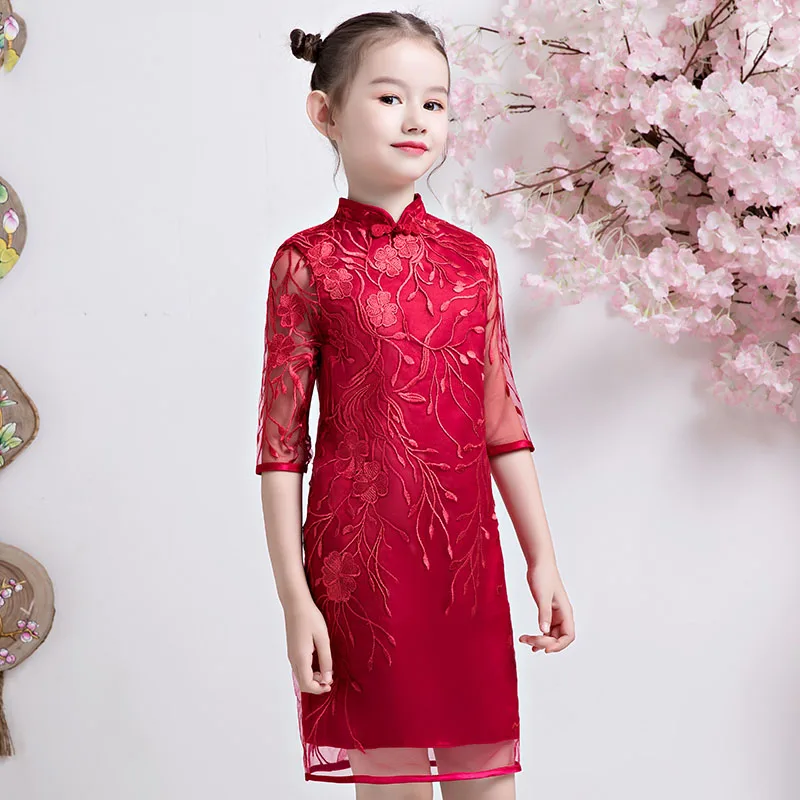 Qipao платье Ципао детские красные летние династии Тан традиционные китайские