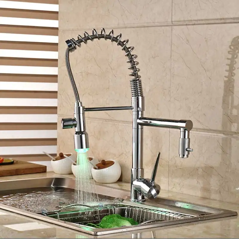 Chrome Faucet B Светодиодный смеситель для кухни, меняющий цвет, смеситель, пружина для крана полированный, хромированный, для кухни смеситель на бортике, поворотный носик, вытяжной кран - Цвет: Chrome Faucet B