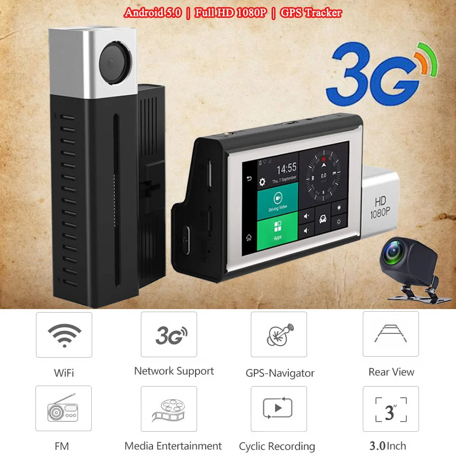WHEXUNE 3,0 дюймов 3G Android 5,0 Wifi Автомобильный видеорегистратор зеркало заднего вида с двумя объективами Full HD 1080P видеорегистратор gps регистратор рекордер