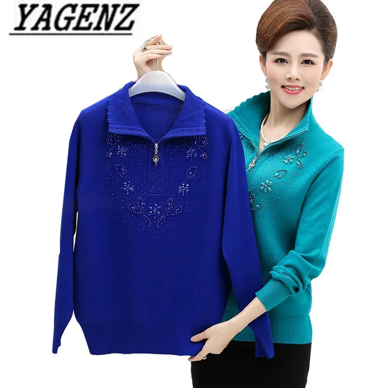 

Женский пуловер большого размера для среднего возраста, облегающий теплый вязаный свитер с длинными рукавами, Женский пуловер на осень и зи...