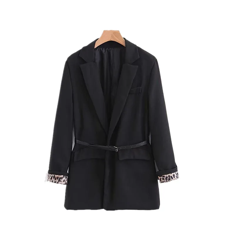 Женский леопардовый принт черный блейзер с длинным рукавом на одной пуговице