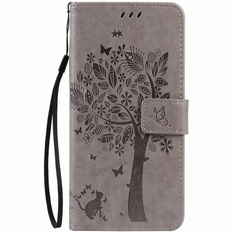 Для Coque iPhone 8 флип чехол кожаный бумажник+ Силиконовый мягкий чехол iPhone8 Plus чехол для телефона s 3D тисненый кошачий дерево защитный чехол - Цвет: Серый
