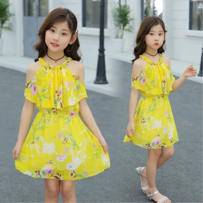 

Baby Girls Chiffon Yellow Dress with Flowers New Summer Infant Princess Yellow Dress for Girls Chiffon Clothing 4 5 7 9 11 13 T