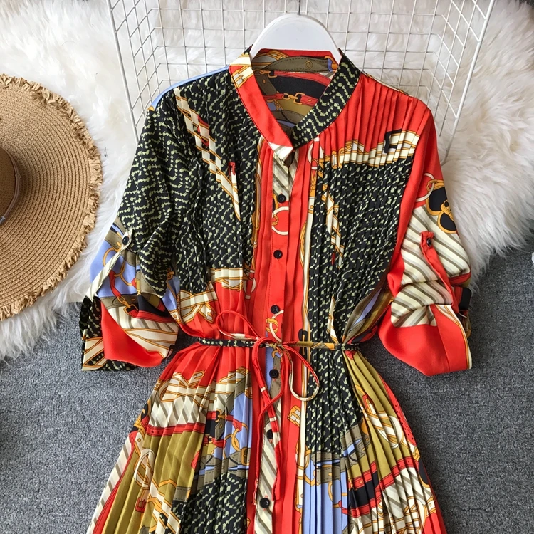 Женское шифоновое плиссированное платье повседневное свободное с винтажным