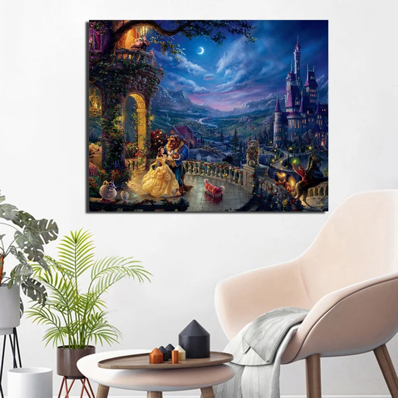 Thomas Kinkade Beauty And The Beast Canvas Painting Living Room Home Decoration Modern Wall Art Oil Painting Posters Pictures