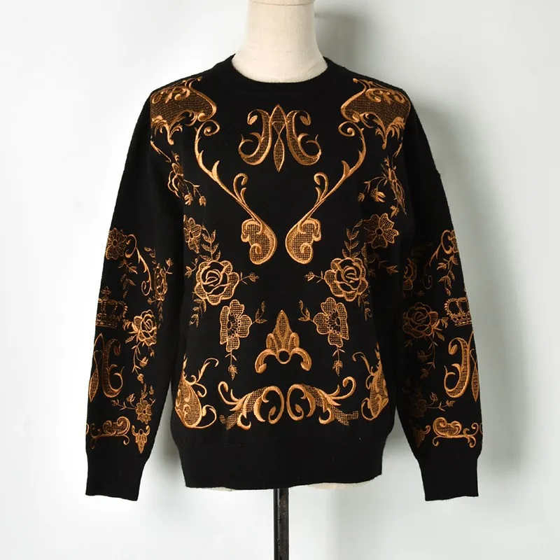 Женский свитер с цветочной вышивкой подиумный дизайнерский вязаный джемпер