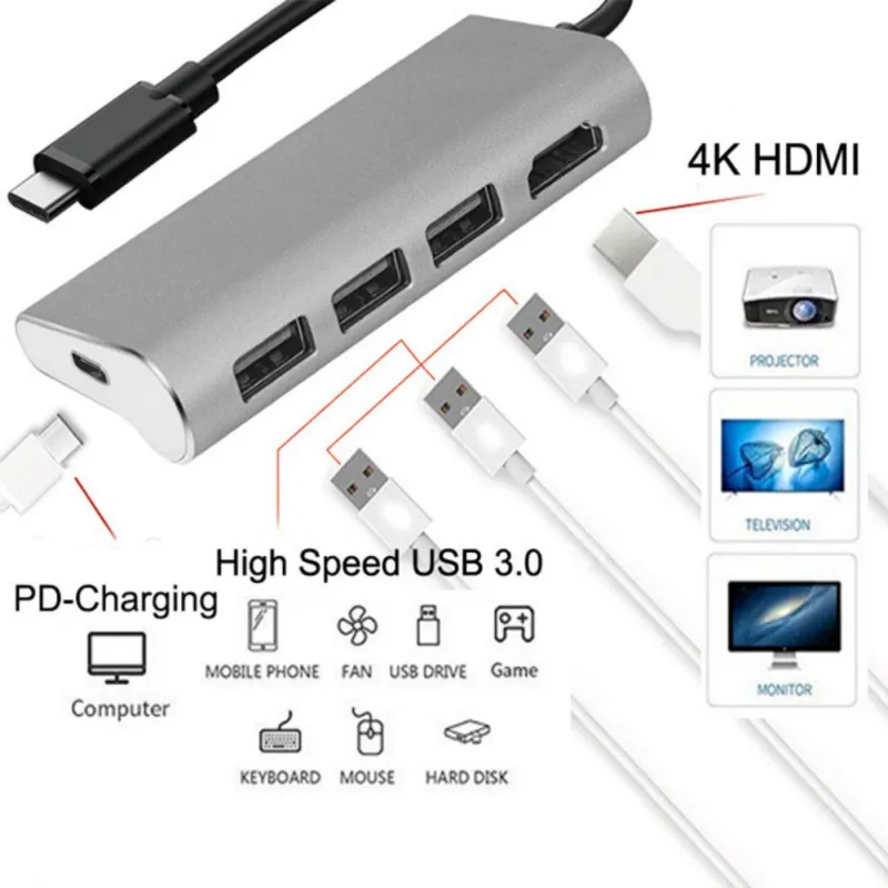 Высокоскоростной 4-портовый концентратор USB 2 0 с Type C на 4K HDMI адаптер 3 0/7/8