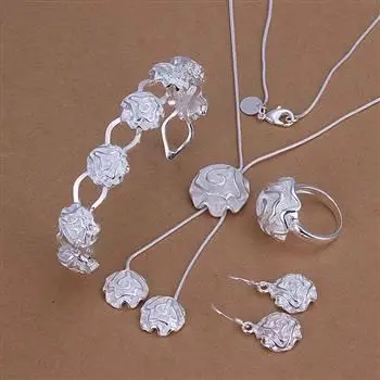 S272 925 sterling silver jewelry set fashion Rose Ring Drop Earrings Bangle Necklace /anyajffa gecaovja |