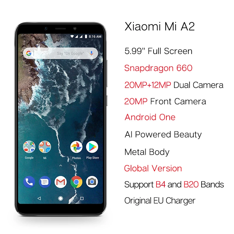 Глобальная версия Xiaomi Mi A2 6 ГБ 128 мобильный телефон 5 99 ''полный Экран Snapdragon 660
