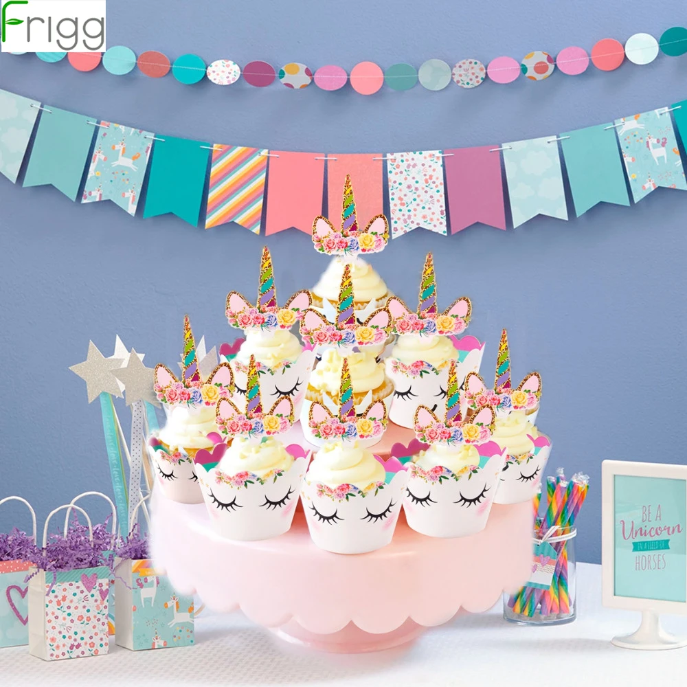 

24pc Cupcake Toppers Cupcake Wrapper Unicorn Birthday Party Decorations Kids Wedding Cake Topper Happy Birthday Party Decoration