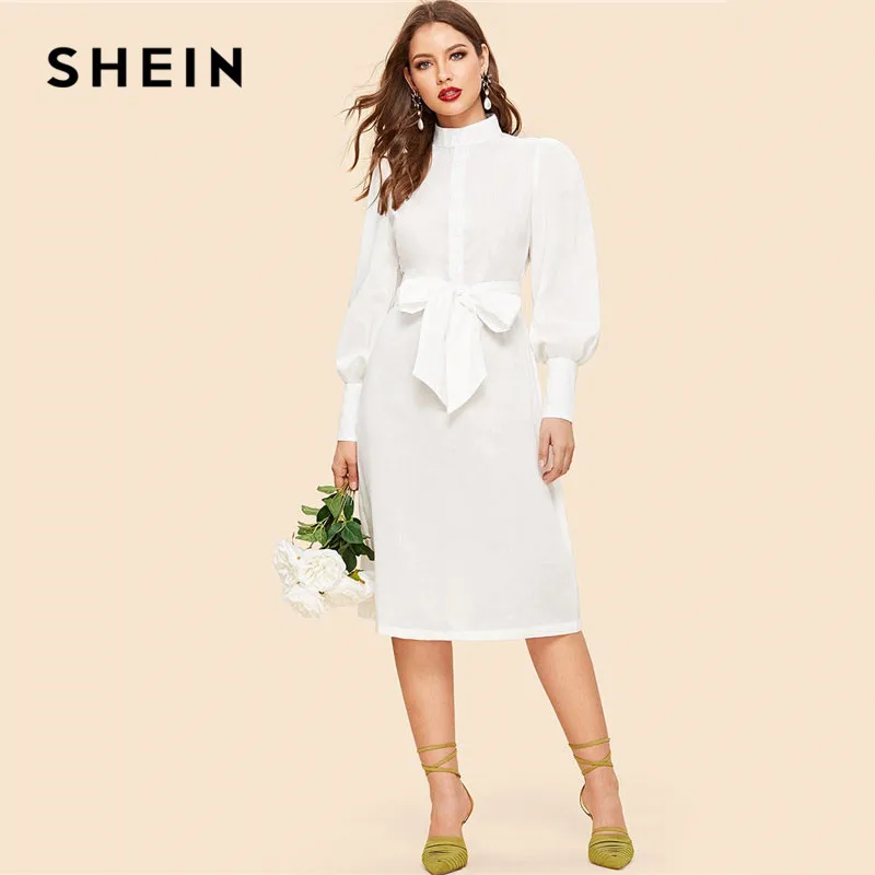 SHEIN Платье С Поясом И Оригинальным Рукавом Женское Весеннее Белое Классическое Платье С Длинными Рукавами И Стоячим Воротником