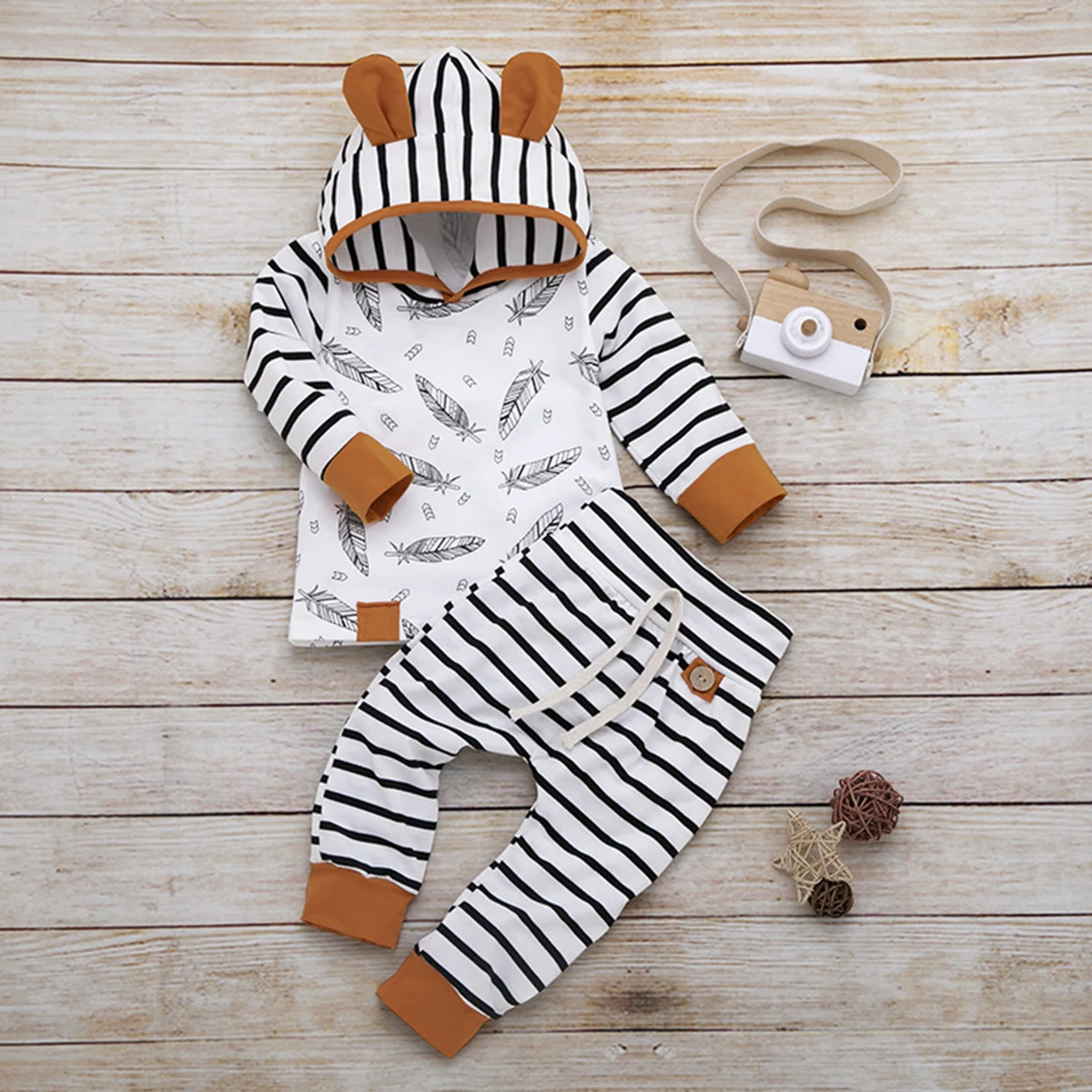 Baby Girls Hooded ear T-shirt Tops Striped Long Pants Clothing Cotton Outfits Set Newborn Infant Kids Girl Clothes Sets | Детская одежда