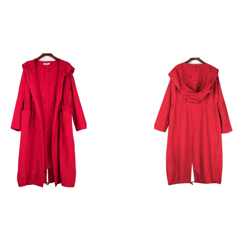 Красный женский длинный Тренч осеннее пальто с капюшоном и регулируемой талией