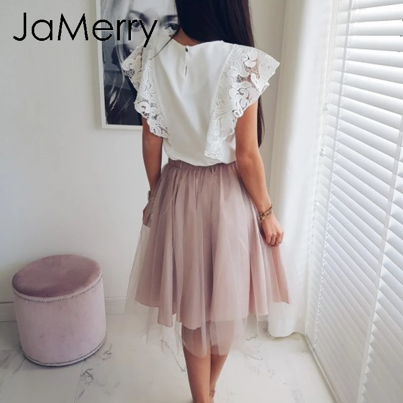 JaMerry/элегантная белая кружевная блузка с рюшами и рукавами для женщин летняя