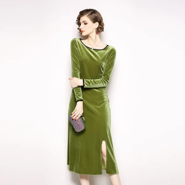 Vestidos размера плюс повседневное зеленое бархатное платье женское Hiver зимнее миди