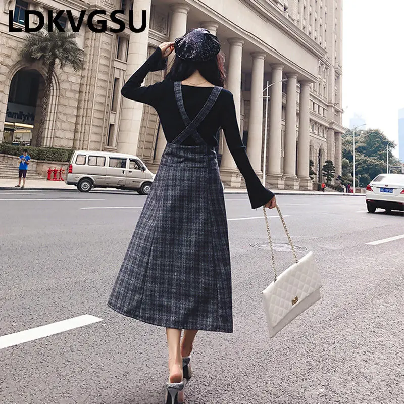 

Slim Two Piece Set Women Knit Tops and Plaid Strap Dress 2019 Spring New plus Size 4XL Long Sleeve Sweater Midi Saia Set Is1708