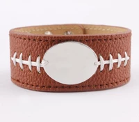 zwpon fashion brown leather baseball sport bracelets monogram blank snap button cuff bracelets bangles women men jewelry