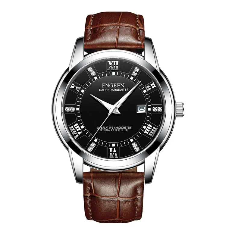 leather silver black Мужские модные бизнес часы Топ бренд класса люкс кристалл полностью стальные часы водонепроницаемые повседневные Дата кварцевые наручные часы Relogio Masculino - Цвет: leather silver black