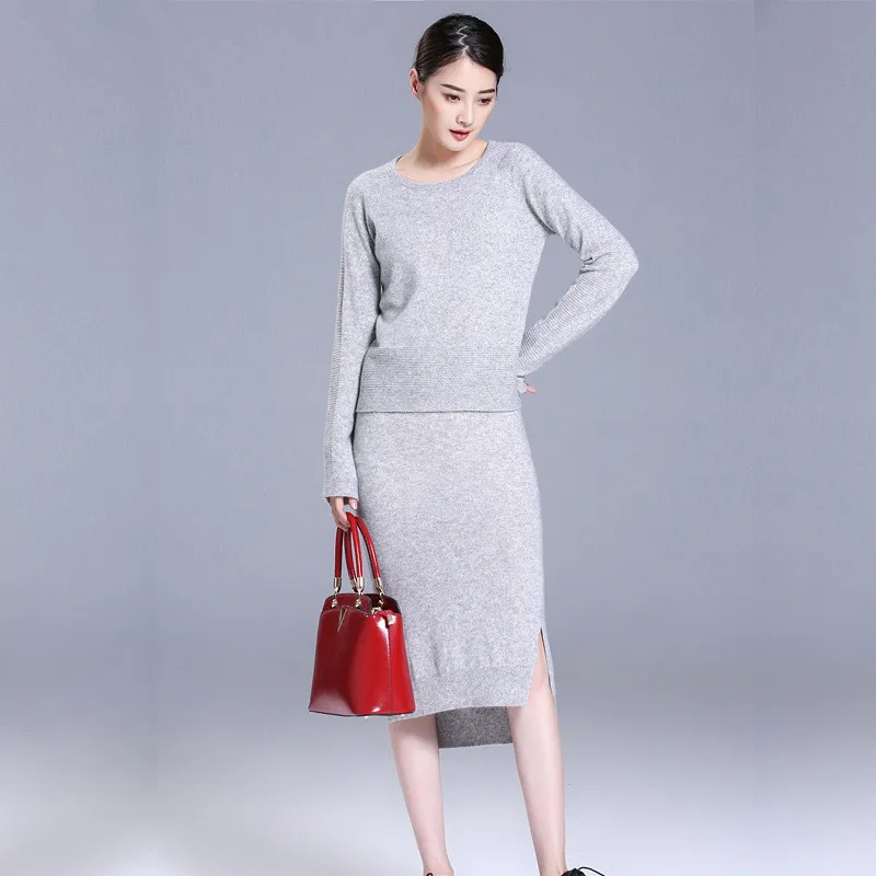 

pure goat cashmere women's fashion sweater suits pullover knee-length skirt 2pcs/set solid color M/L
