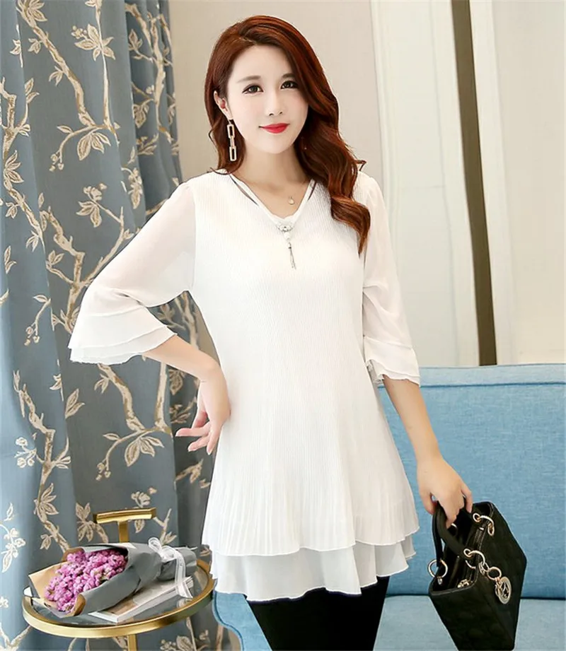 TEAEGG New Elegant Women Chiffon Blouses Office Lady Half Sleeve Shirt Formal Blusas High Quality Plus Size 5XL Tops AL855