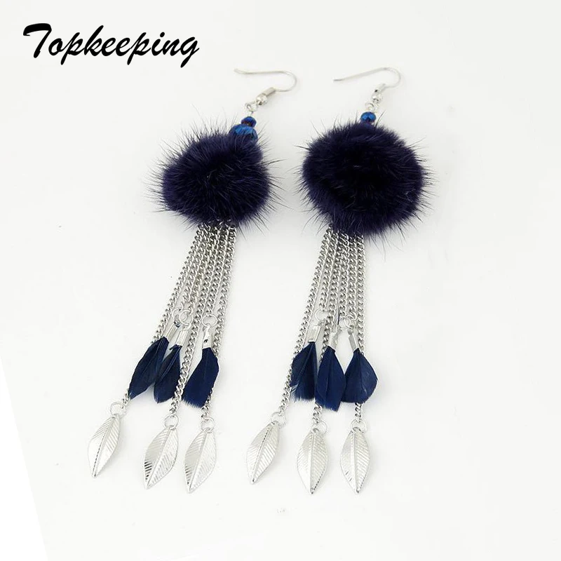

Topkeeping Brand Women Fashion Jewelry Hairball Tassel Feather Dangle Earrings Girls Ethnic Boho Accessories Retro Drop Earrings
