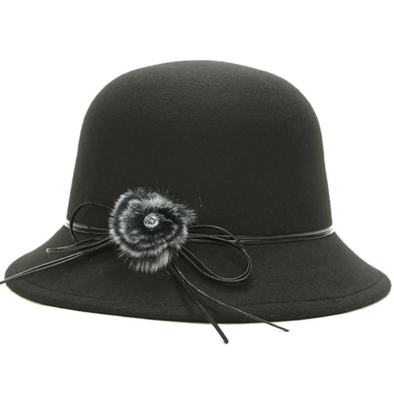 

HT1834 Vintage Stylish Fall Winter Wool Felt Hat Women Fur Ball Bowler Hat Ladies Bucket Fedoras Female Solid Elegant Fedora Hat