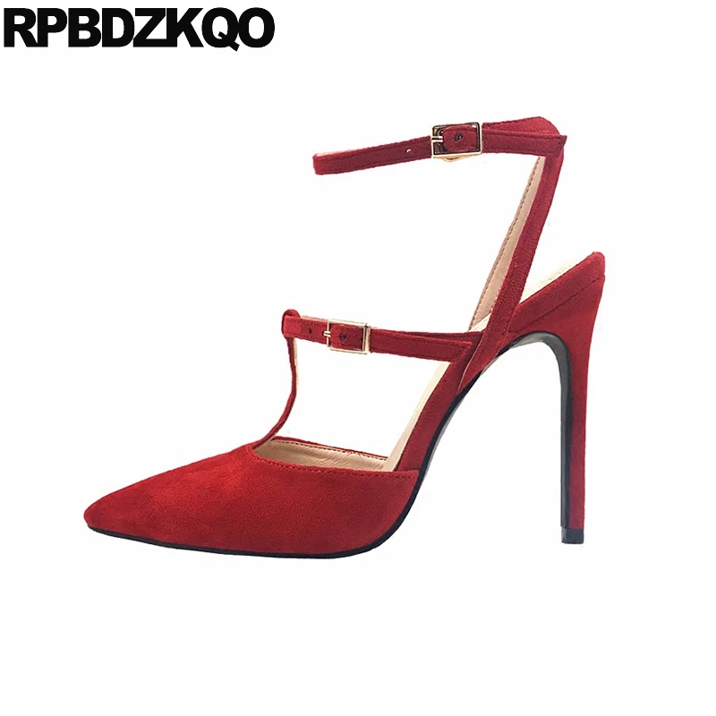 

дизайнер марка Женская обувь Ремень для лодыжки Slingback T ремень сандалии Scarpin высокие каблуки Красное вино замша Указательный палец закрыто н...