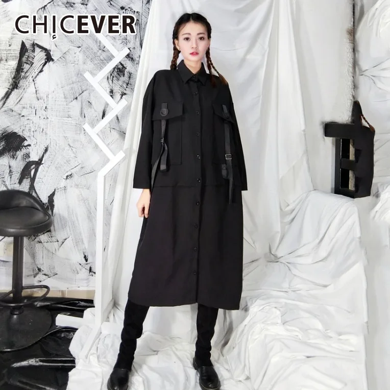 CHICEVER/черное платье для женщин свободные большие размеры с карманами и высокой