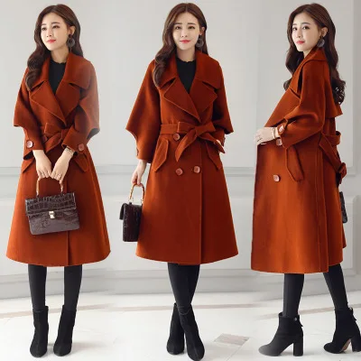 Female Double-breasted Overcoat Long Sleeve Turn-down Collar Slim Fit Women Army Green Woolen Coats Spring Windproof Warm Jacket | Женская