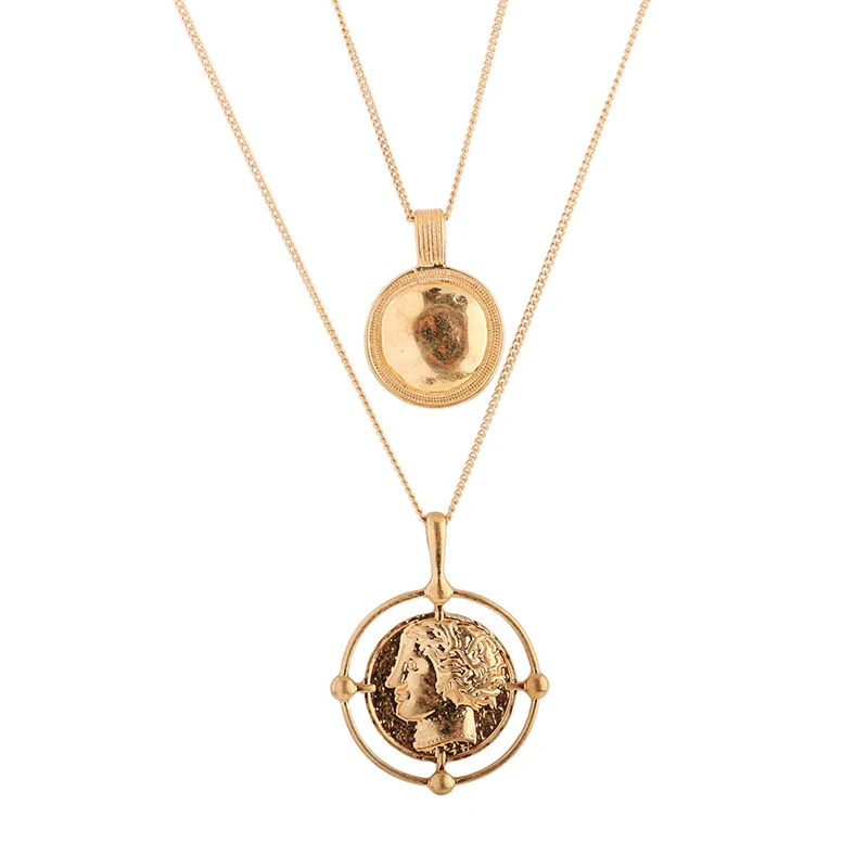 

SHUANGR Double layer Necklace Gold Color Vintage Double Round personage Pendant Ancient Coins Necklaces Gift for Women