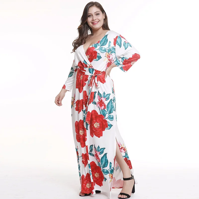 Женское платье макси с длинным рукавом v-образным вырезом цветочным принтом