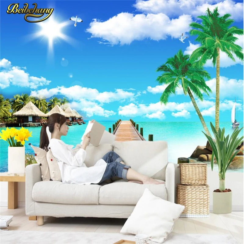 beibehang Custom Maldives beach coconut trees papel de parede 3D Mural wallpaper for walls Wall Covering TV Backdrop Wallpaper |