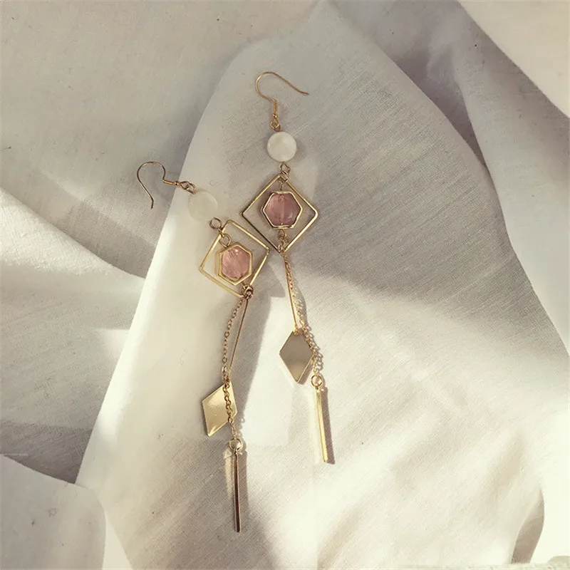 XUANRAN Elegant pink color long tassel dangle earring shell crystal beads Geometric drop for women charm accessories | Украшения и