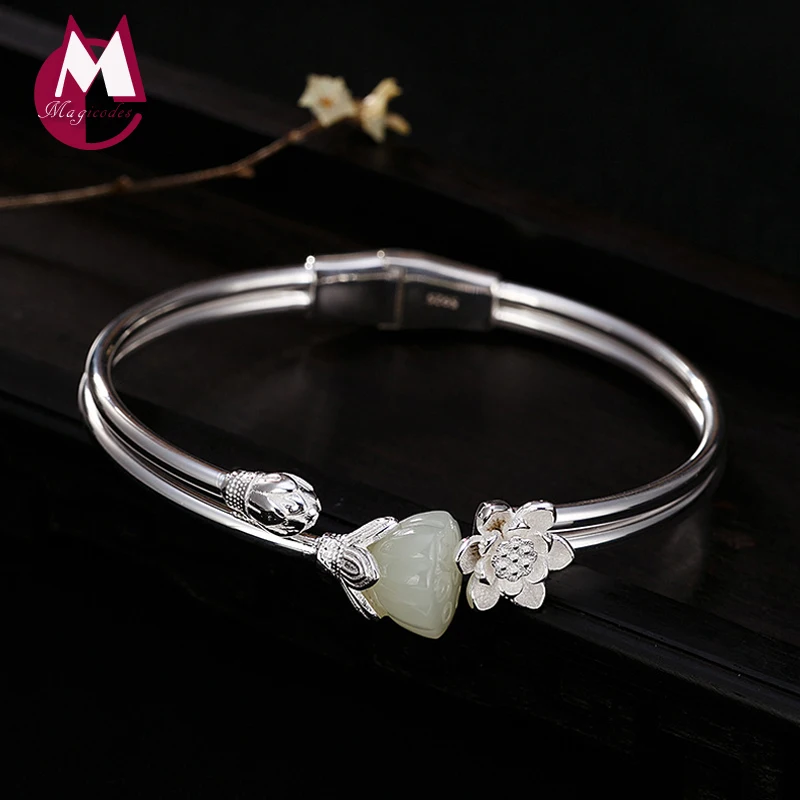 Женский браслет из серебра 2019 пробы с натуральным нефритом|Гибкие и жесткие
