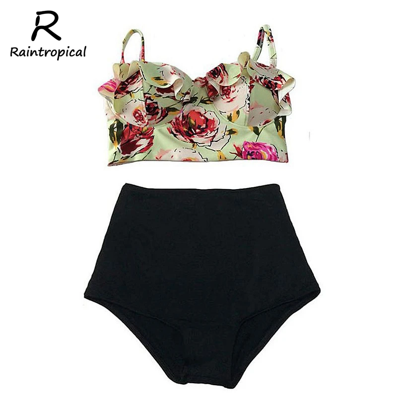 Женское бикини с пуш апом Raintropical разноцветное винтажное лямкой на шее пляжная