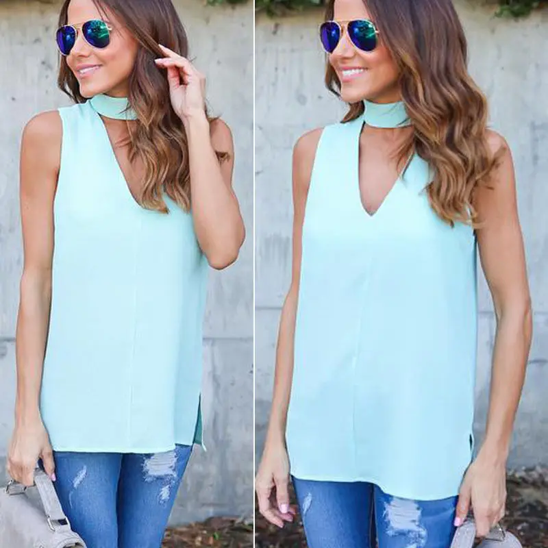 Ladies Summer Fashion Solid Casual Sleeveless Blouses Sexy Chiffon Strapp Blouse | Женская одежда