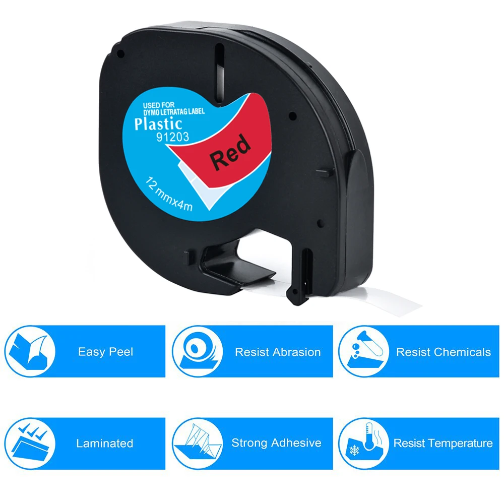 

CIDY 100pcs LT91203 LT 91203 91333 91223 59424 Black on red Compatible DYMO LetraTag Plastic Tape for DYMO LT 12mm 91201 LT-100H