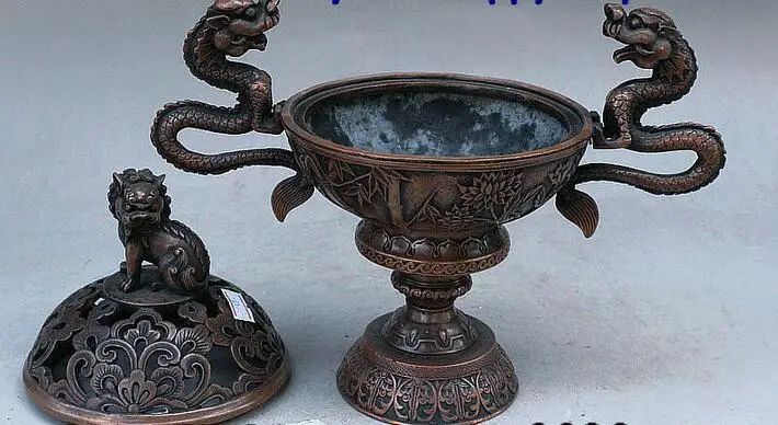 10&quot Old China Bronze Wealth Dragon Lion Plum Orchid Bamboo Incense Burner Censer | Дом и сад