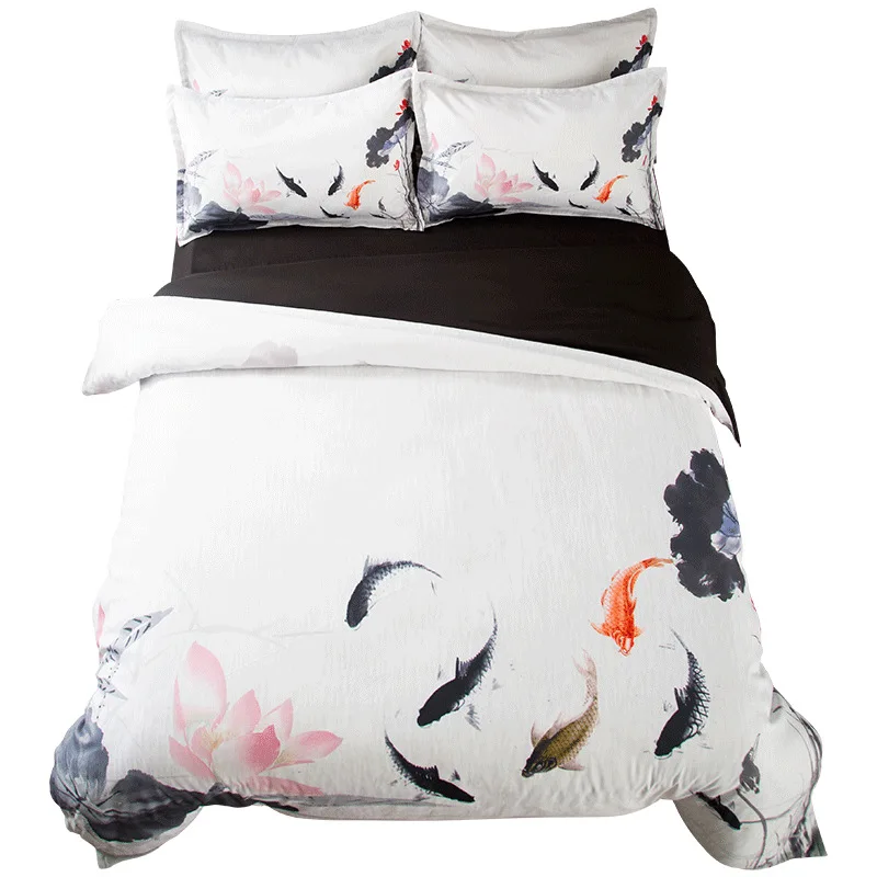 Комплект постельного белья в китайском стиле с изображением рыбок и лотосов
