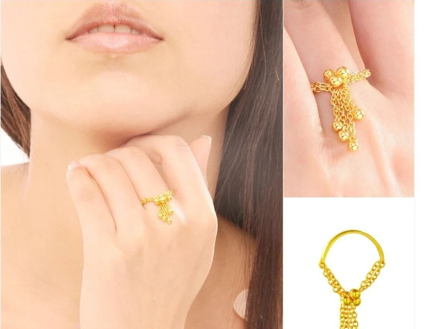 

Pure 24K Yellow Gold Ring / Craved Bless Tassel Women's Ring Us Size:6