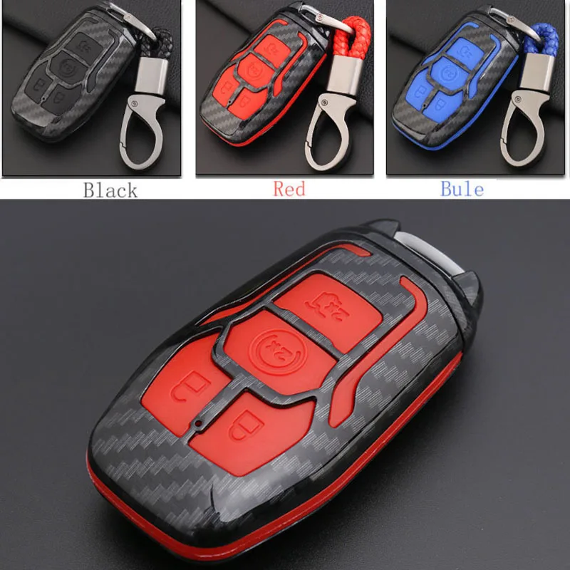 

ABS Carbon Fiber Shell+Silicone Cover Remote Key Holder Fob Case&KeyChain For Ford/Lincoln Series