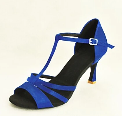 Оптовая продажа женские Синие атласные бальные туфли для латинских танцев самбы